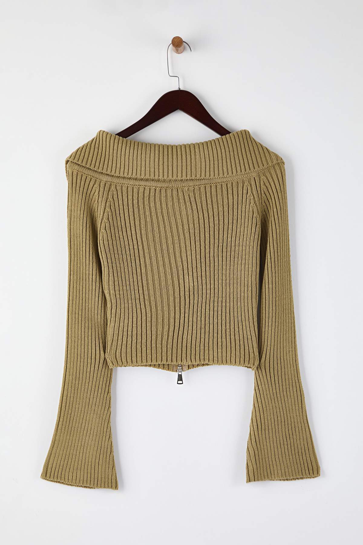 Trendyolmilla  Açık Haki Devrik Yaka Çift Fermuarlı Triko Hırka TWOAW26HI00282 - Görsel 6