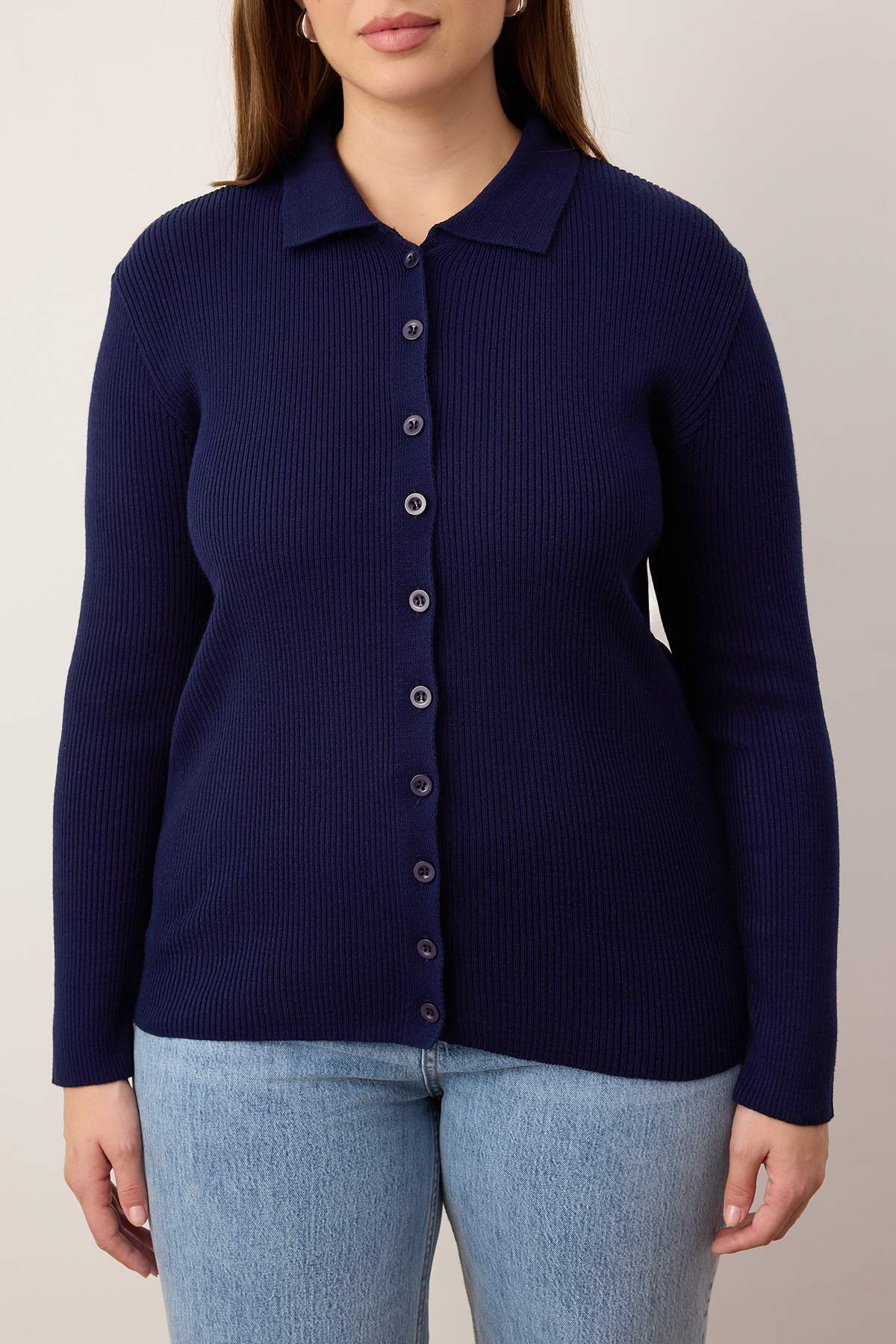 Trendyolmilla  Lacivert-Ekru Fitilli Bisiklet & Polo Yaka 2'li Paket Triko Hırka TBBAW26AV00034 - Görsel 3