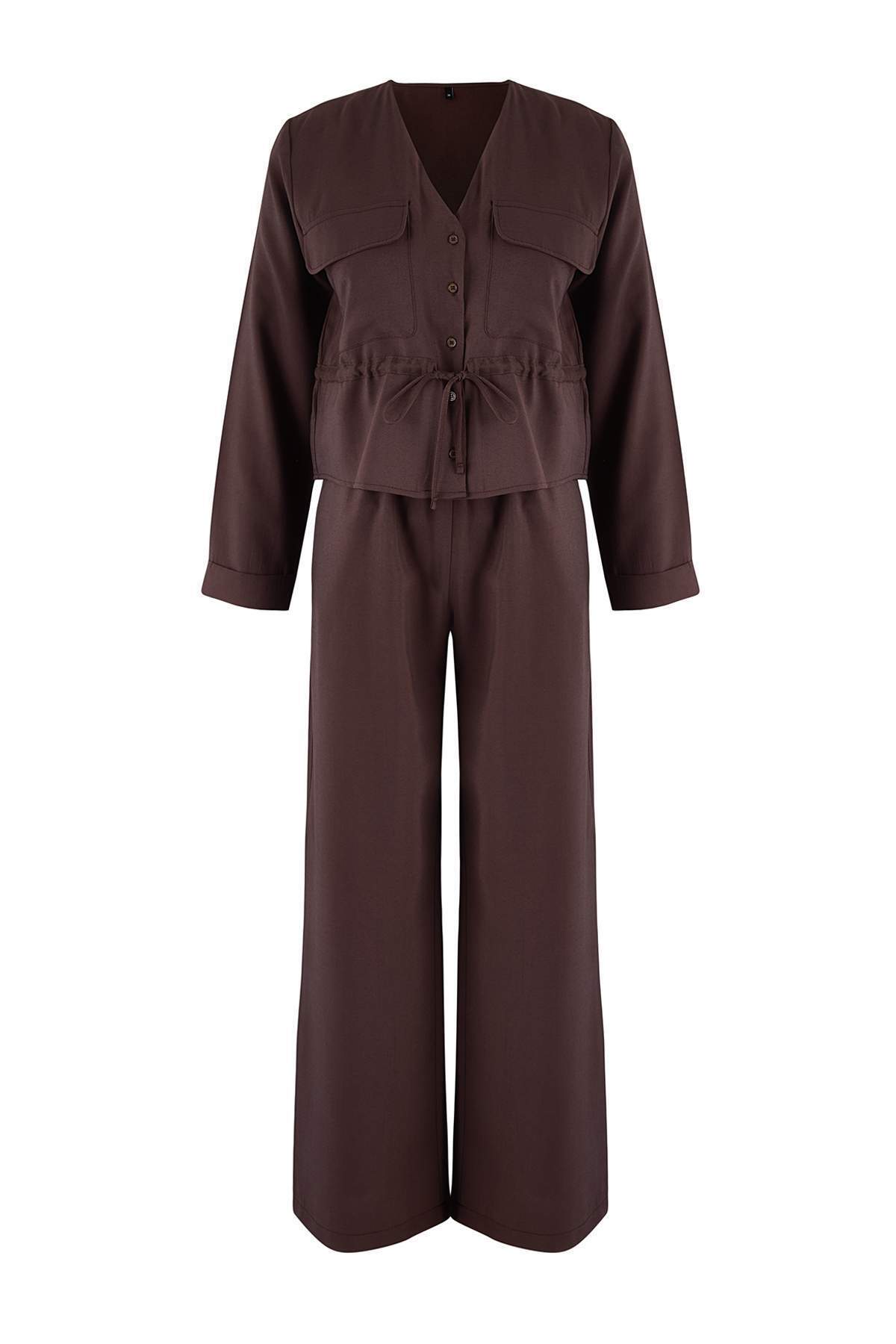 Trendyolmilla  Koyu Kahverengi Yumuşak Dokulu Bluz Pantolon Dokuma Alt - Üst Takım TWOAW26AU00111 - Görsel 5