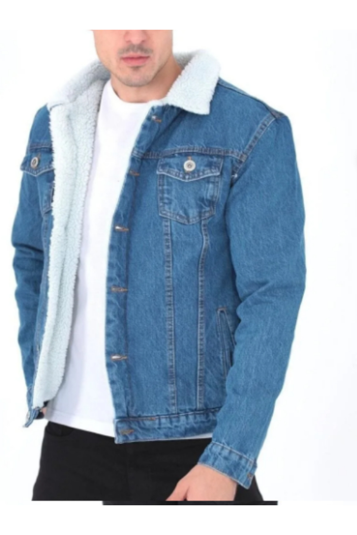 TRS YB GİYİM  Erkek Trend Kışlık Içi Kürklü Kot Ceket Açık Mavi