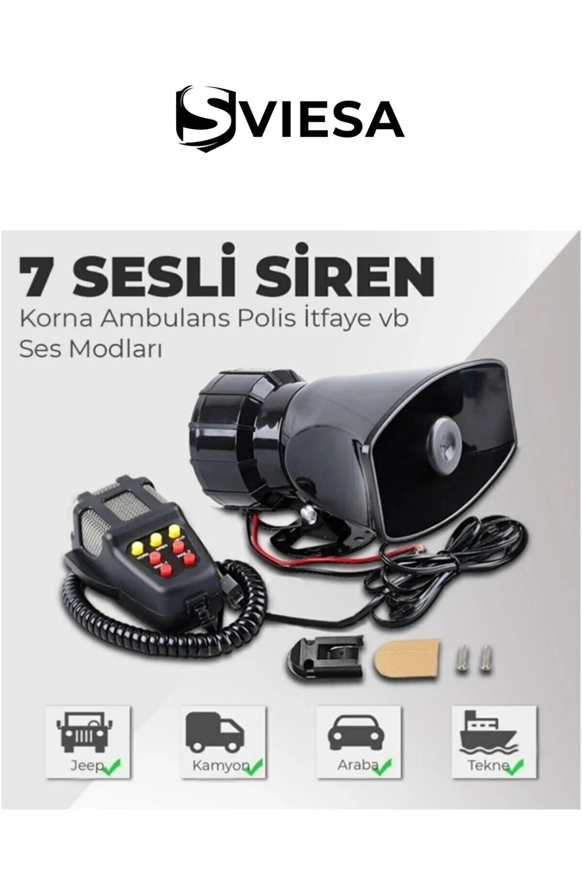 Sviesa Her Araca Uyumlu Universal 7 Sesli Konuşmalı Mikrofonlu Megafonlu Siren
