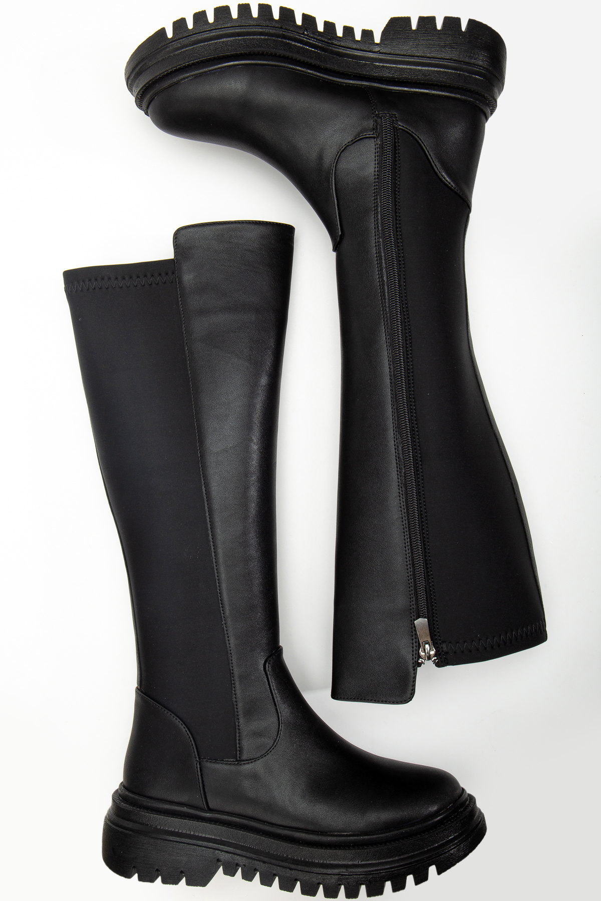 AYAKKABI MEET Kadın Siyah Cilt Çizme Fermuarlı diz altı Günlük Bot streç detaylı