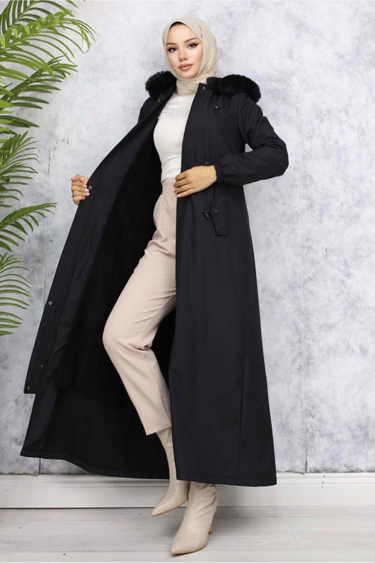 TRENDTESETTÜR KADIN SİYAH KAPÜŞONLU MANTO T 0501