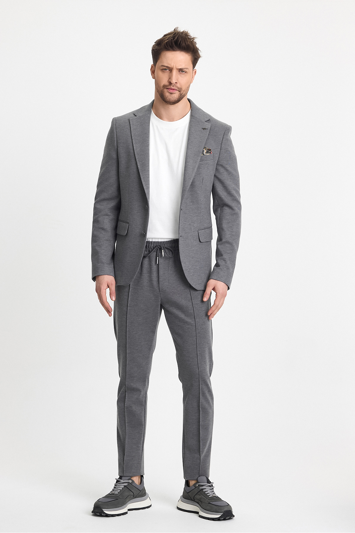 Frappoli  Jasino Erkek Gri Pamuklu Likralı Slim Fit Örme Esneyen Mono Yaka Blazer Ceket - Görsel 3