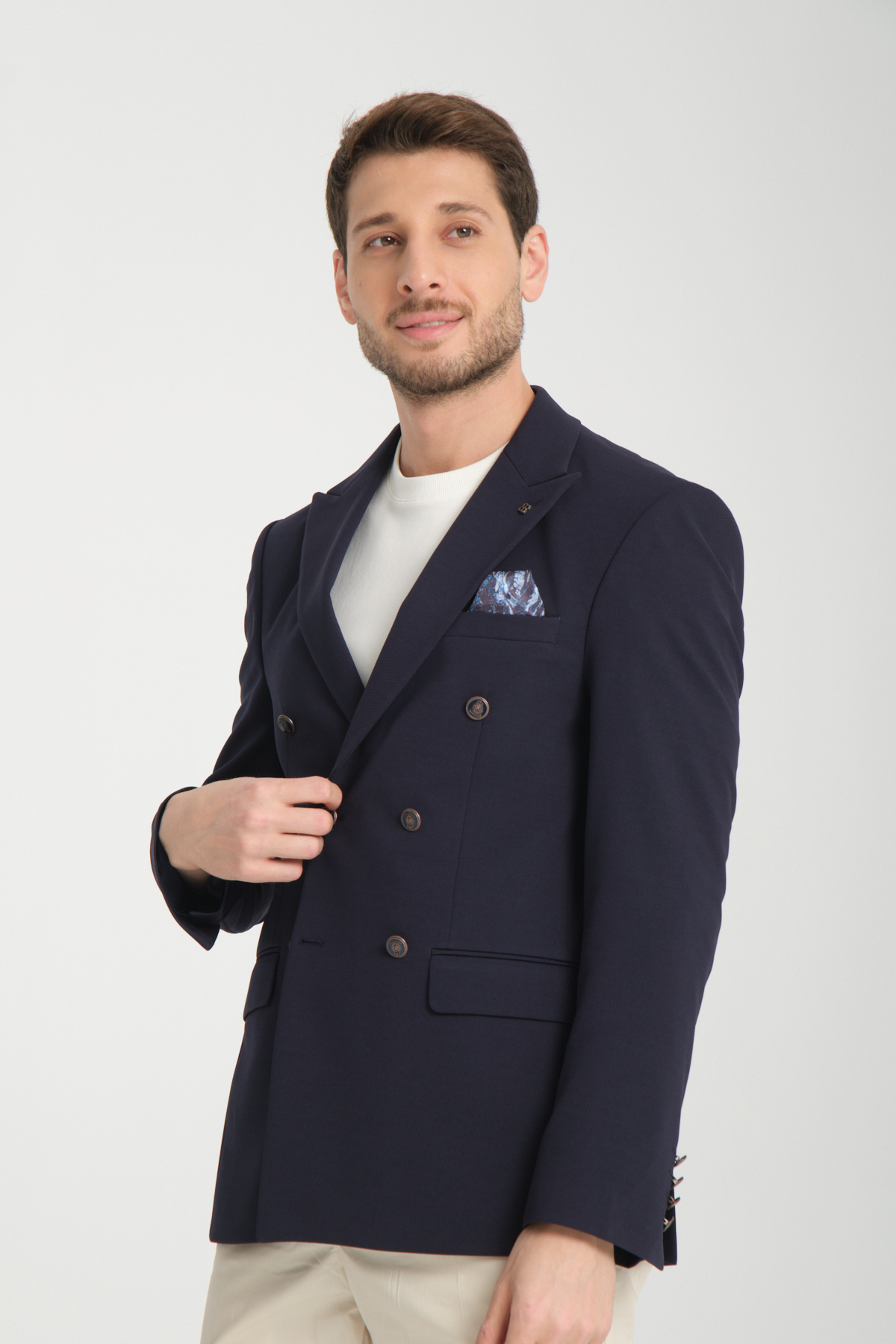 Frappoli  Baselna Krv Erkek Koyu Lacivert Kruvaze 6 Adet Metal Düğmeli 4 Mevsim Blazer Ceket - Görsel 6