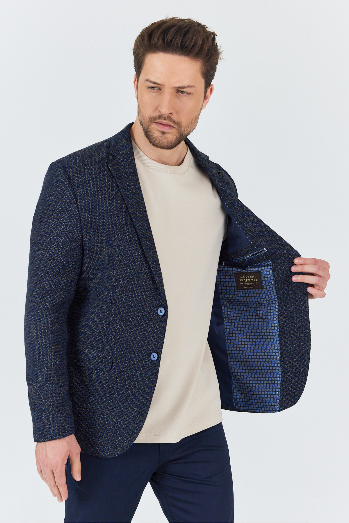 Frappoli  Ginoto Erkek Açık Lacivert Esnek Kumaşlı Slim Fit Mono Yaka Spor Blazer Ceket - Görsel 6