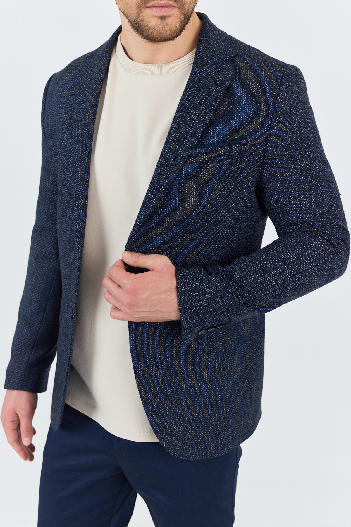 Frappoli  Ginoto Erkek Açık Lacivert Esnek Kumaşlı Slim Fit Mono Yaka Spor Blazer Ceket - Görsel 2