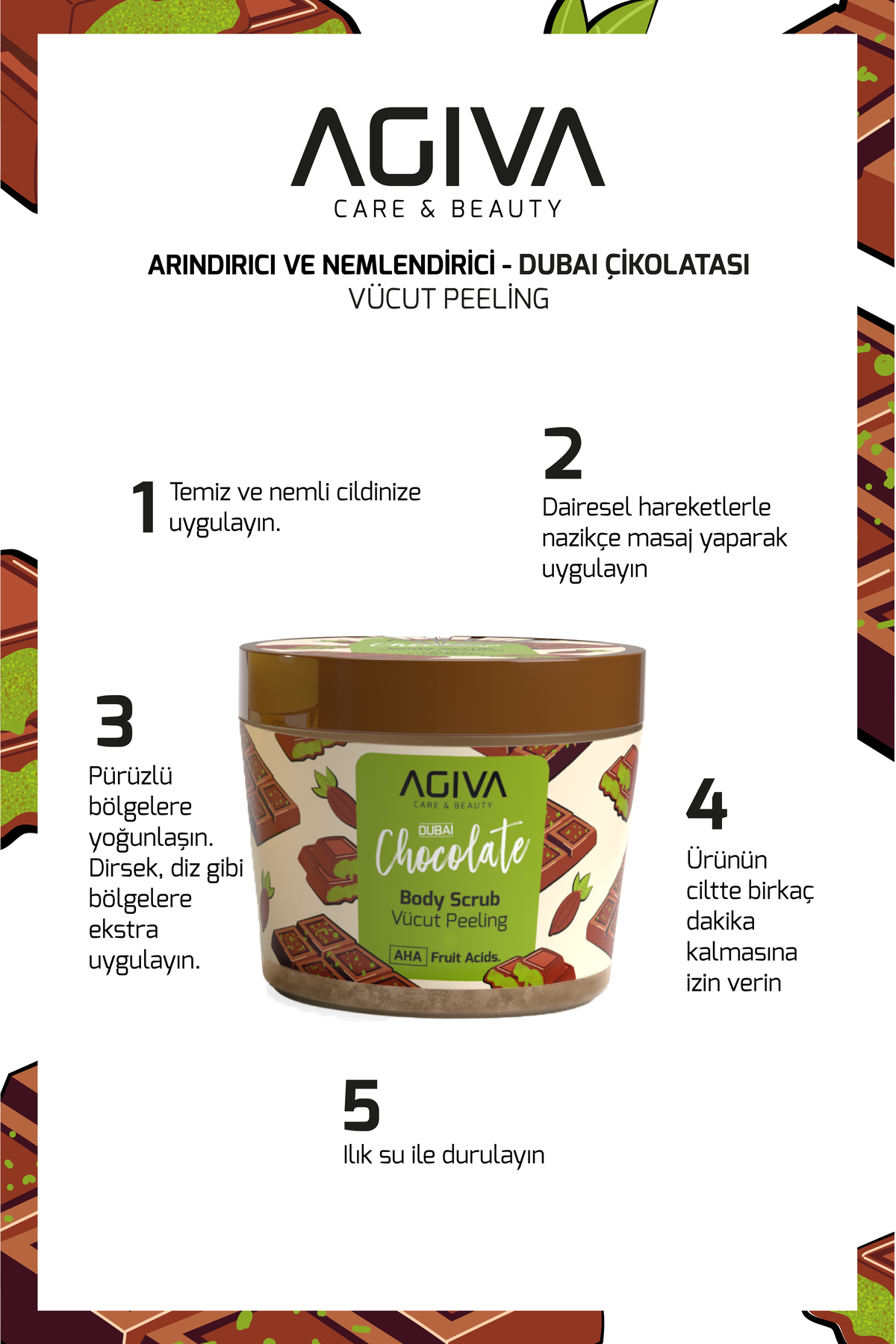 Dubai Çikolatası Arındırıcı Nemlendirici Vücut Peeling – Pürüzsüzleştirici AHA Meyve Asitli 300 ml — 001-MKJ-048 — تصویر 3 از 5