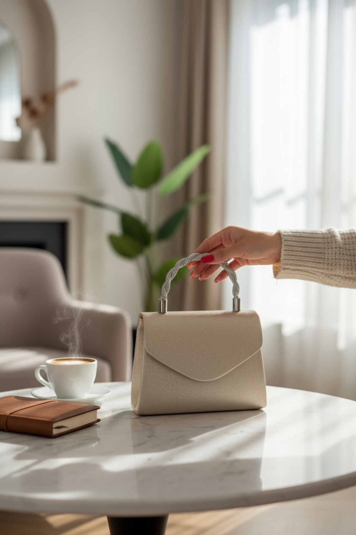 Classbag Işıltılı Dokulu Açık Vizon Zincir Askılı Kadın Abiye Çanta görsel 4