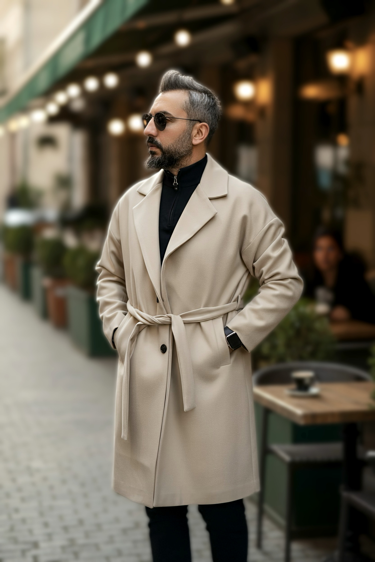 Oversize Erkek Kaşe Kaban — بژ OKH050