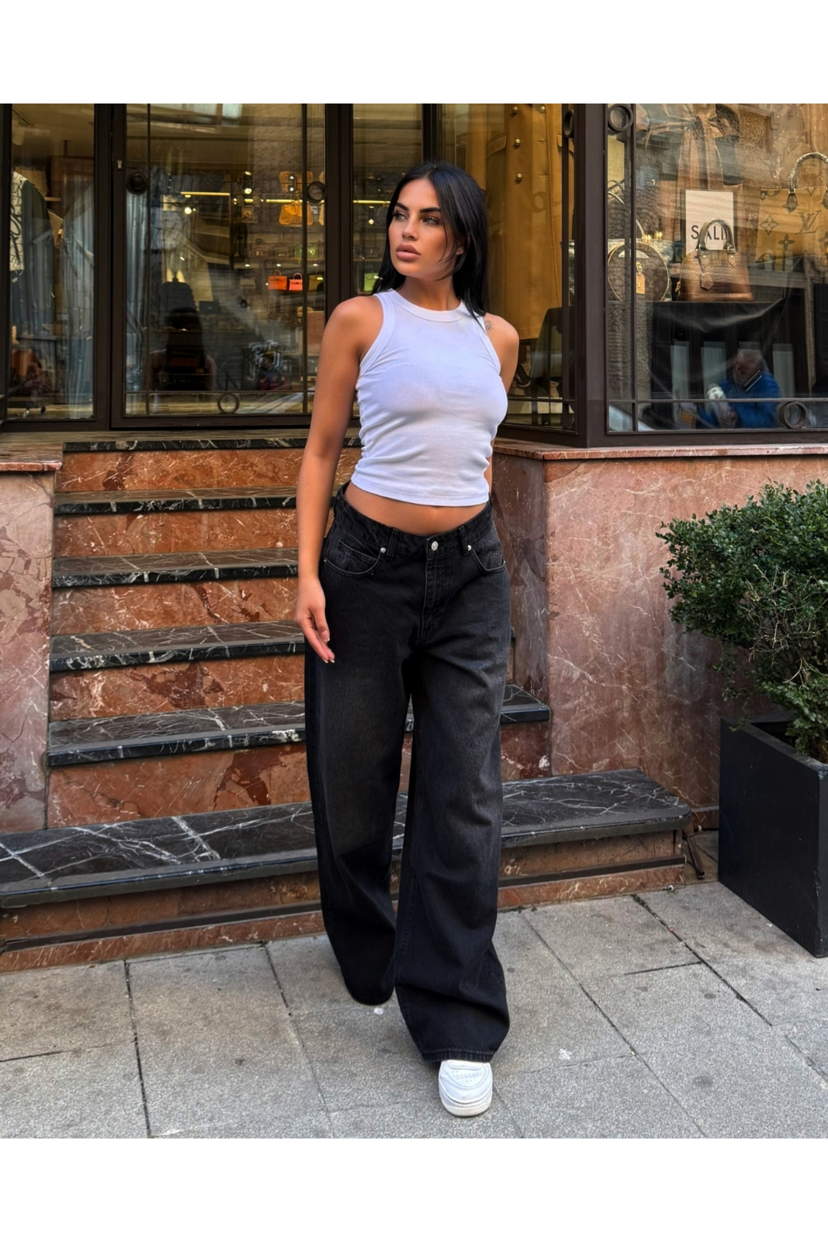 Kadın Antrasit Düşük Bel Geniş Paça Baggy Jean Pantolon