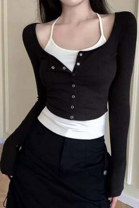 Karakedi Siyah Beyaz İç Bodyli Düğme Detay Uzun Kollu Body