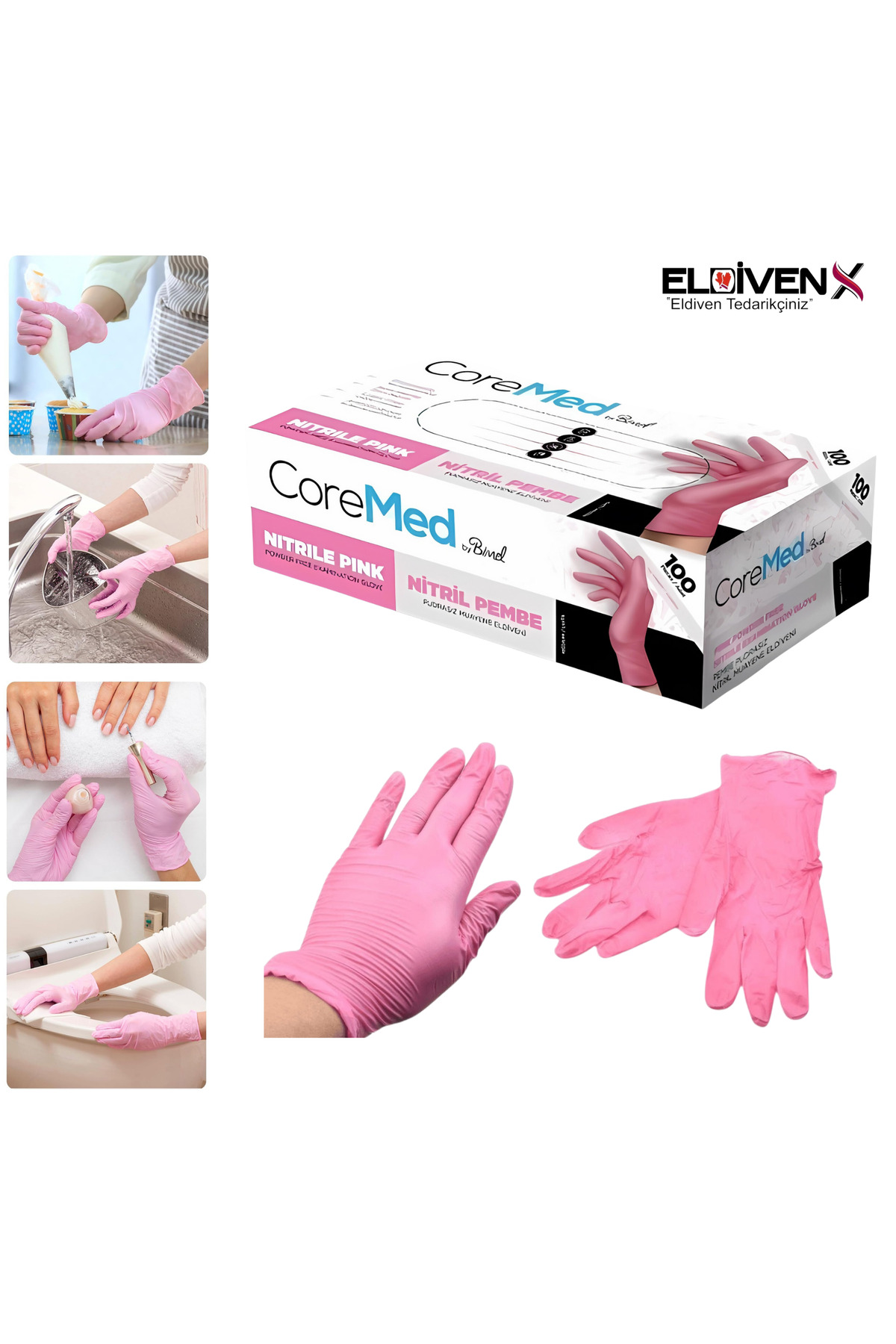Bimel Toz Pembe Nitril Muayene Eldiveni Pudrasız 100’lü Paket - Xsmall görsel 2