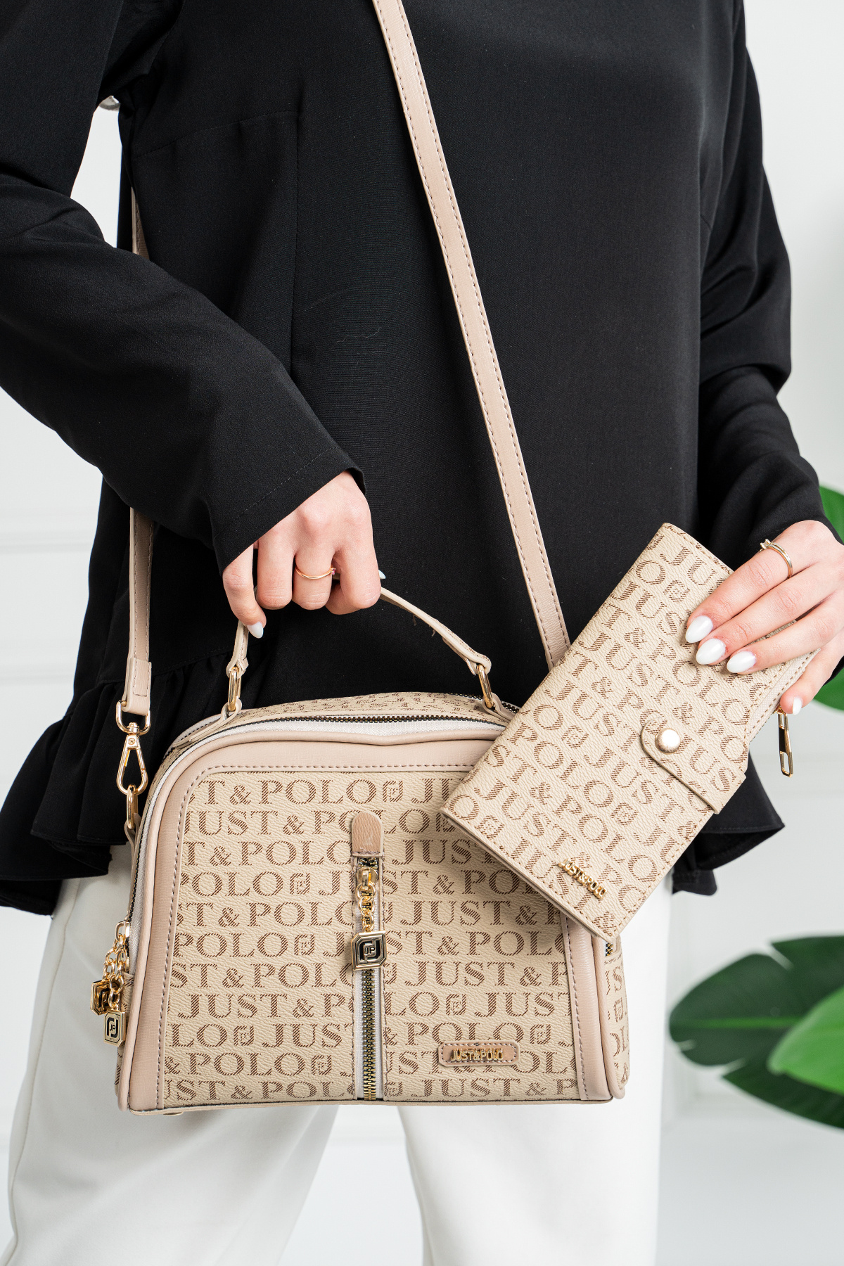 Women's Sand Hand and Shoulder Bag and Wallet Combination with Adjustable Straps -KMBNBD2057