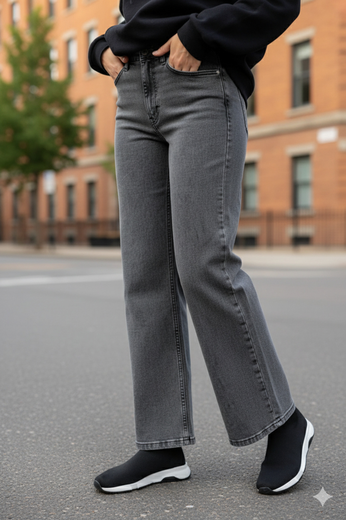 CHUL  KADIN ANTRASİT BOL PAÇA KOT PANTOLON - JEAN - GENİŞ BEDEN ARALIĞI - Görsel 5