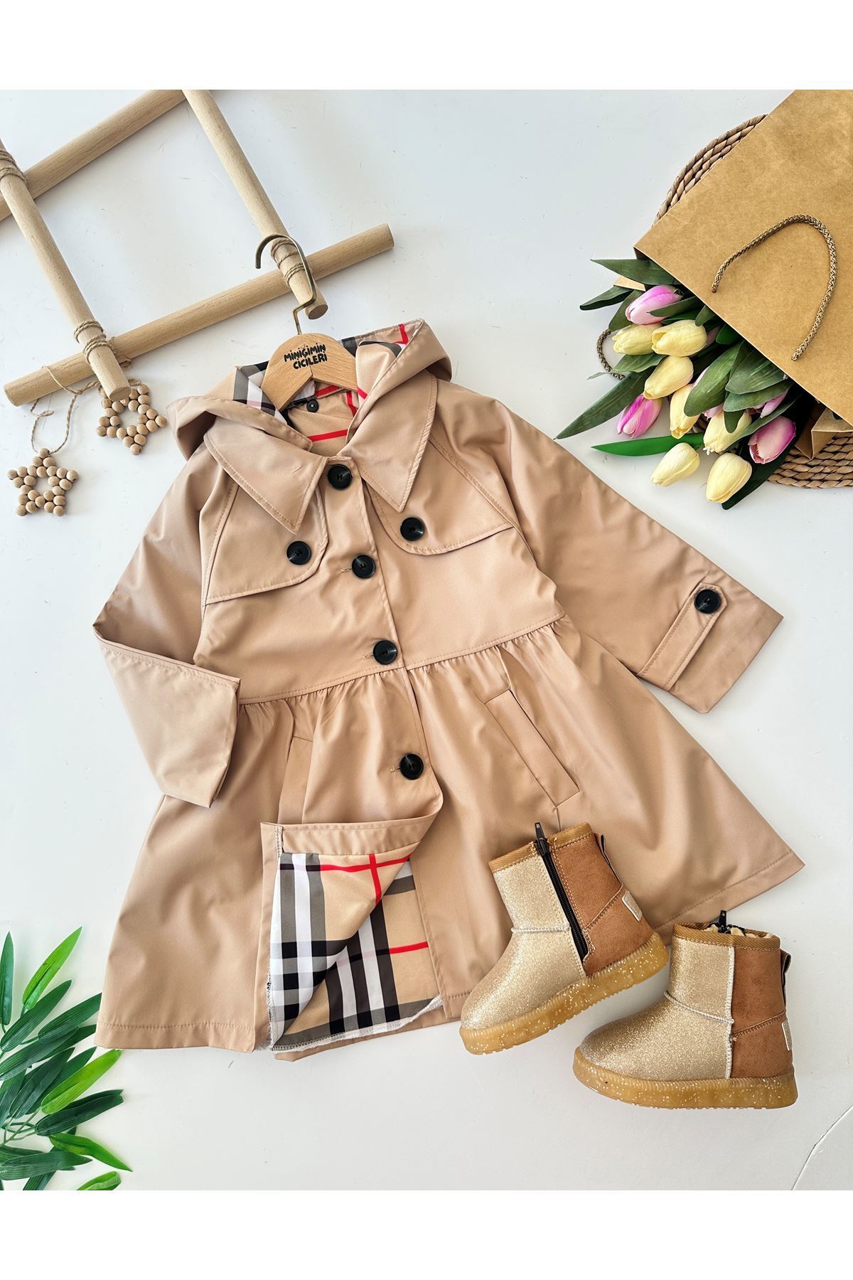 Minigimin Cicileri Miniğimin Cicileri Astarlı Kapüşonlu Kız Çocuk Bondip Trenç - Camel fotoğrafı 2 (önizleme)