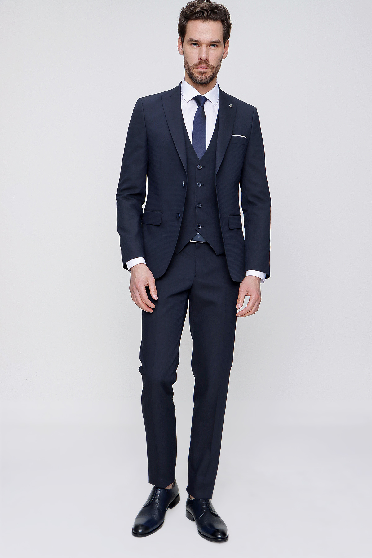 Morven  Lacivert Yelekli Jakarlı Slim Fit Dar Kesim 6 Drop Erkek Takım Elbise - Görsel 4