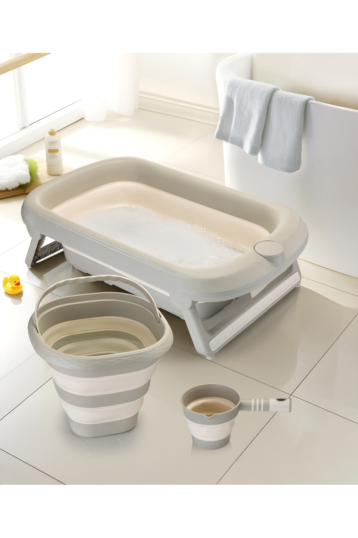 Aqua Nest Baby Bathtub Luxury 3-Piece Set Folding 45 Liter Beige