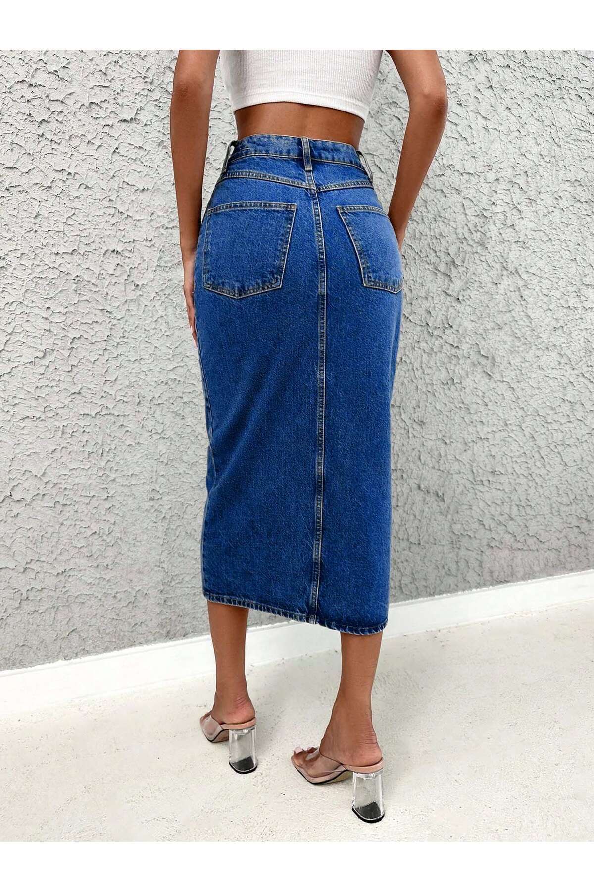 Dema  Kadın Denim Esnek Kumaş Yırtmaçlı Uzun Etek - Görsel 8