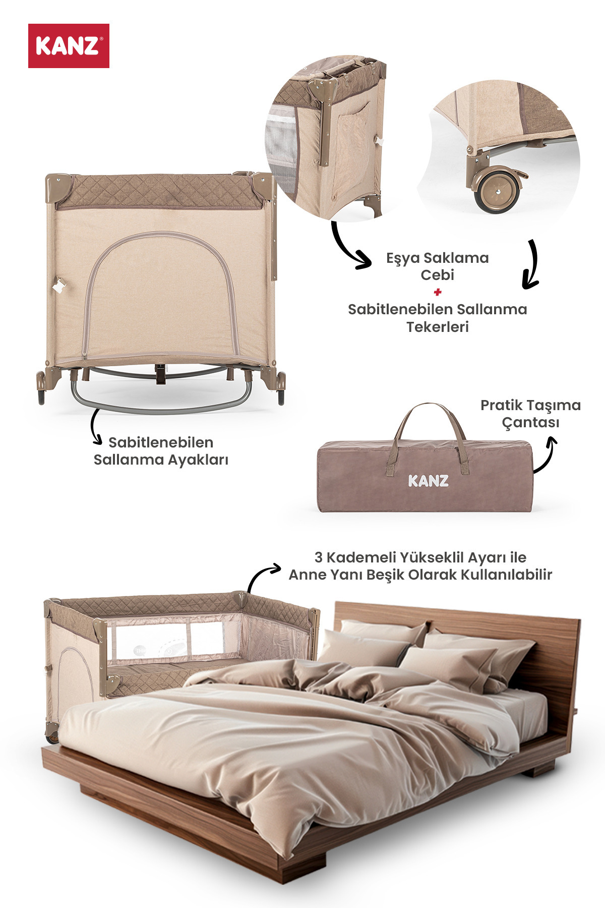 Kanz Sleepside +Plus Anne Yanı Park Yatak Kahve - Yatak Hediyeli fotoğrafı 4 (önizleme)