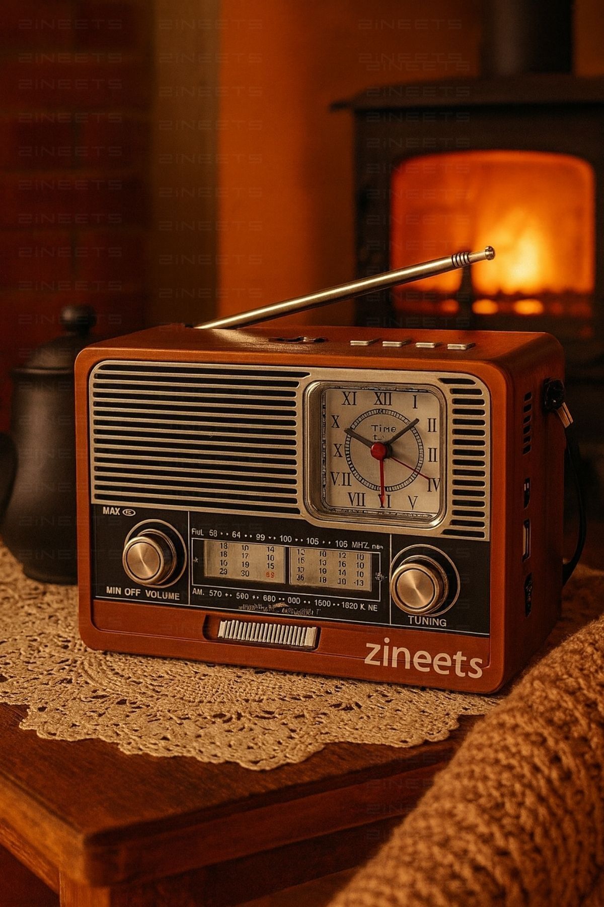 Zineets Saatli Nostaljik Radyo FM Ahşap Görünümlü Bluetooth Hoparlör Ahşap Renk Vintage Saatli IŞIKLI USB SD