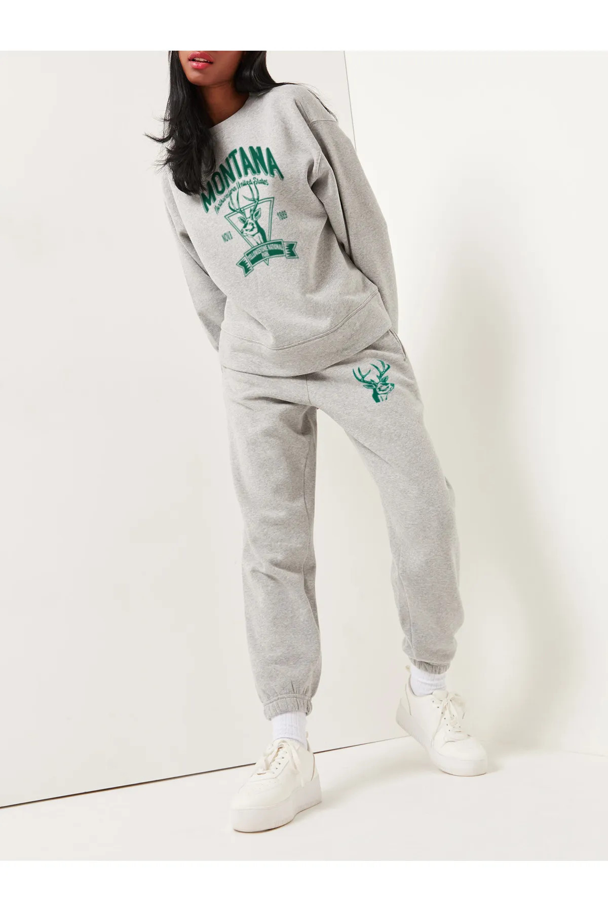 HOFFNUNG Kadın Dikey Baskılı Sweatshirt Alt Üst Eşofman Takımı
