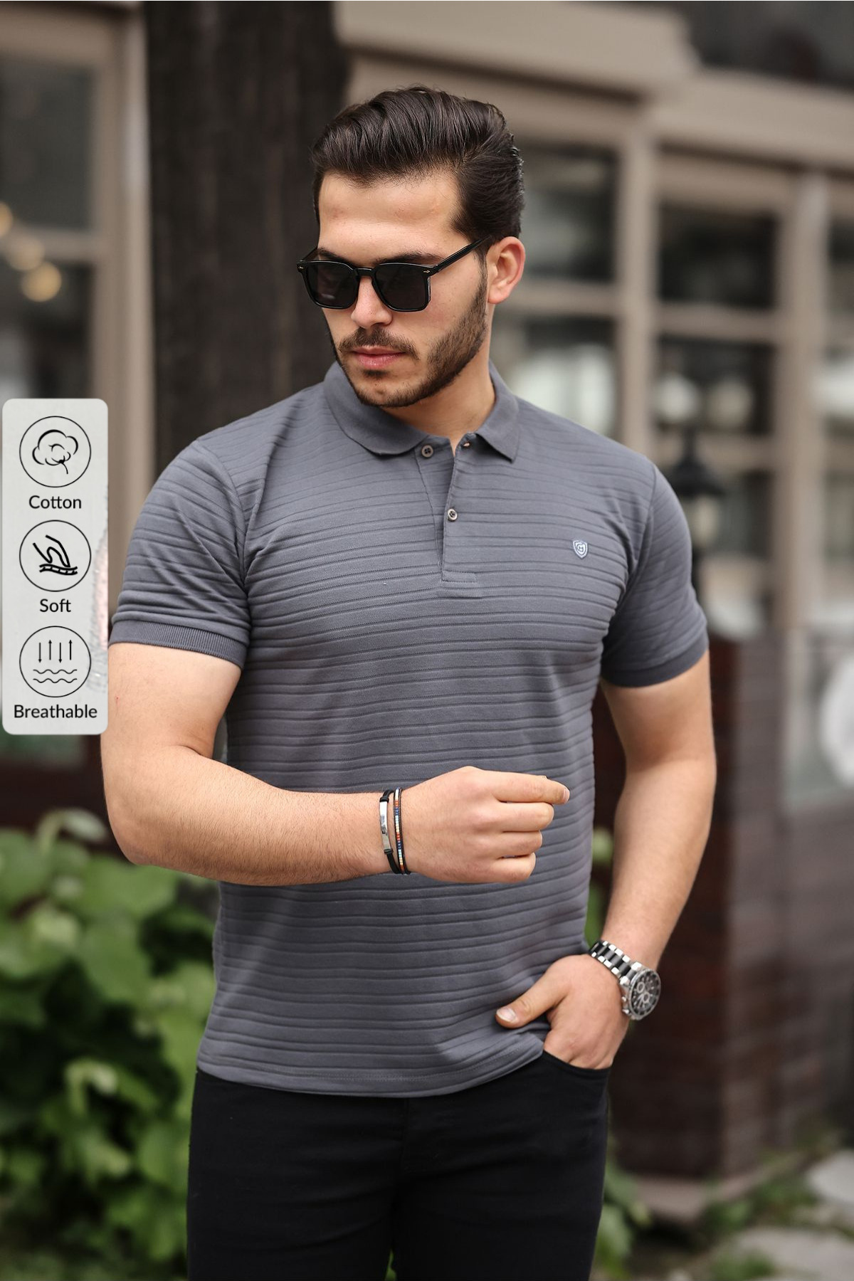 COMBİNE MİCHAİL Men's Non-Shrink Cotton Fabric Slim Fit Smoked Non-Curling Polo Collar T-Shirt