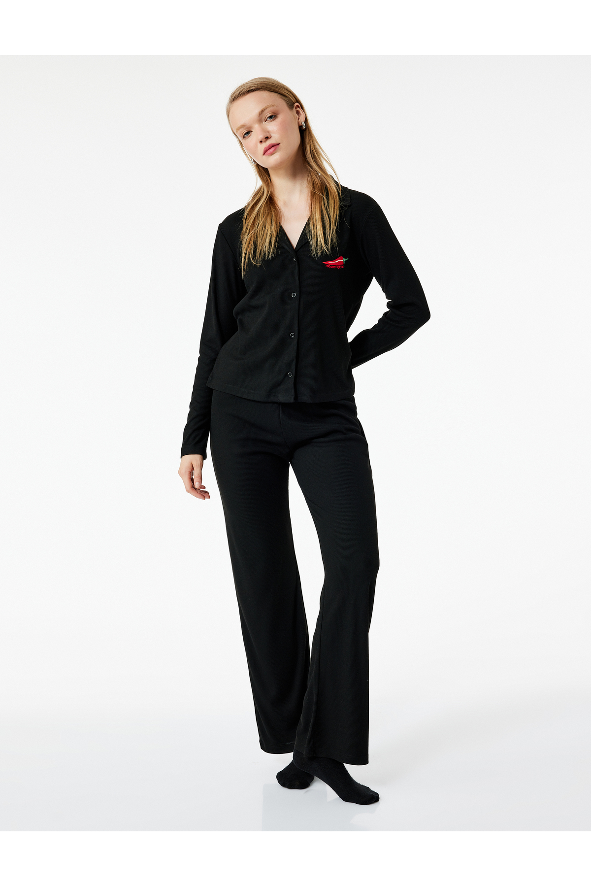 Koton Shirt Collar Long Sleeve Pajama Set with Pepper Embroidery Detail