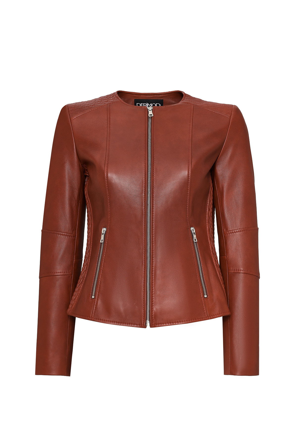 کاپشن چرمی زنانه ایرینا مدل یقه ماندارین قهوه‌ای روشن کد 24WGE5225R3 Derimod