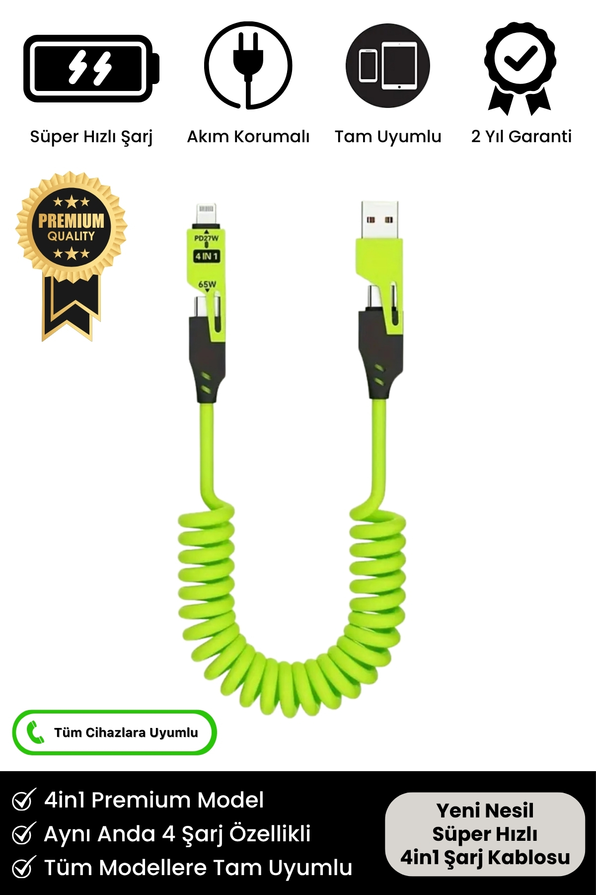 Süper Hızlı 65w 4in1 Turbo ve Hızlı Şarj Micro + Type-C + Lightning 3 Uçlu Premium Şarj Kablosu
