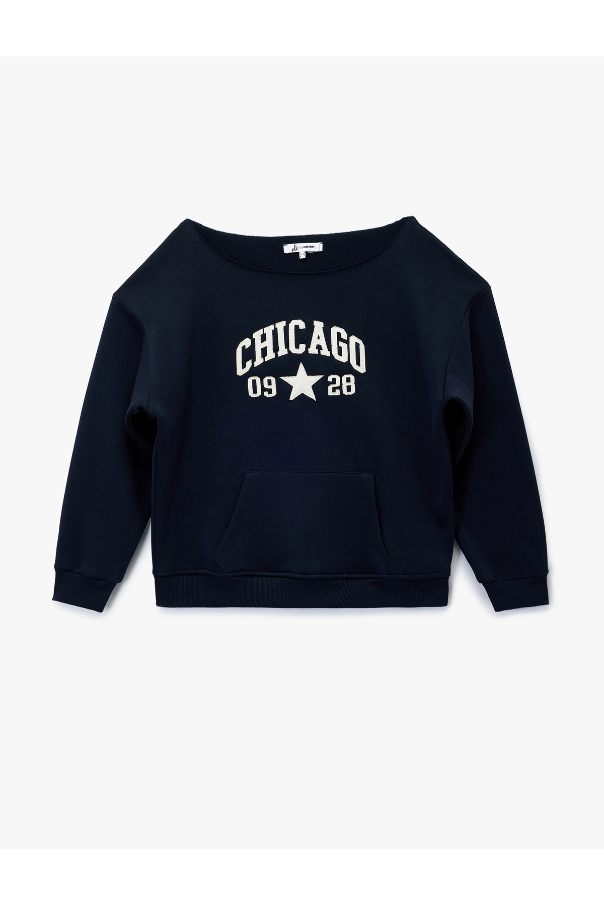 سویشرت اورسایز یقه قایقی کوتون با گلدوزی و جیب کانگورویی و آستر شاردون‌دار