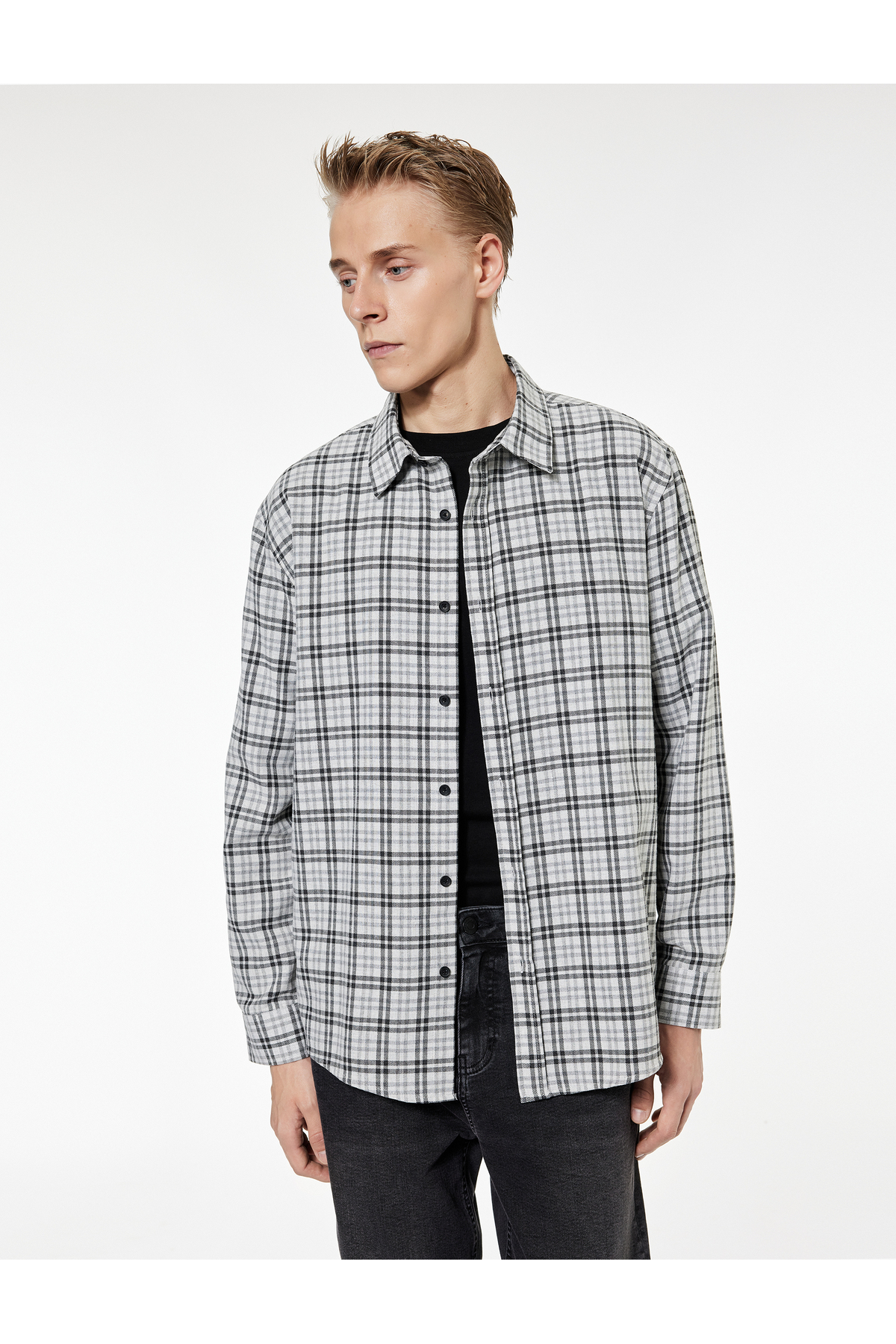 کوتون پیراهن آستین بلند یقه گرد دکمه دار معمولی