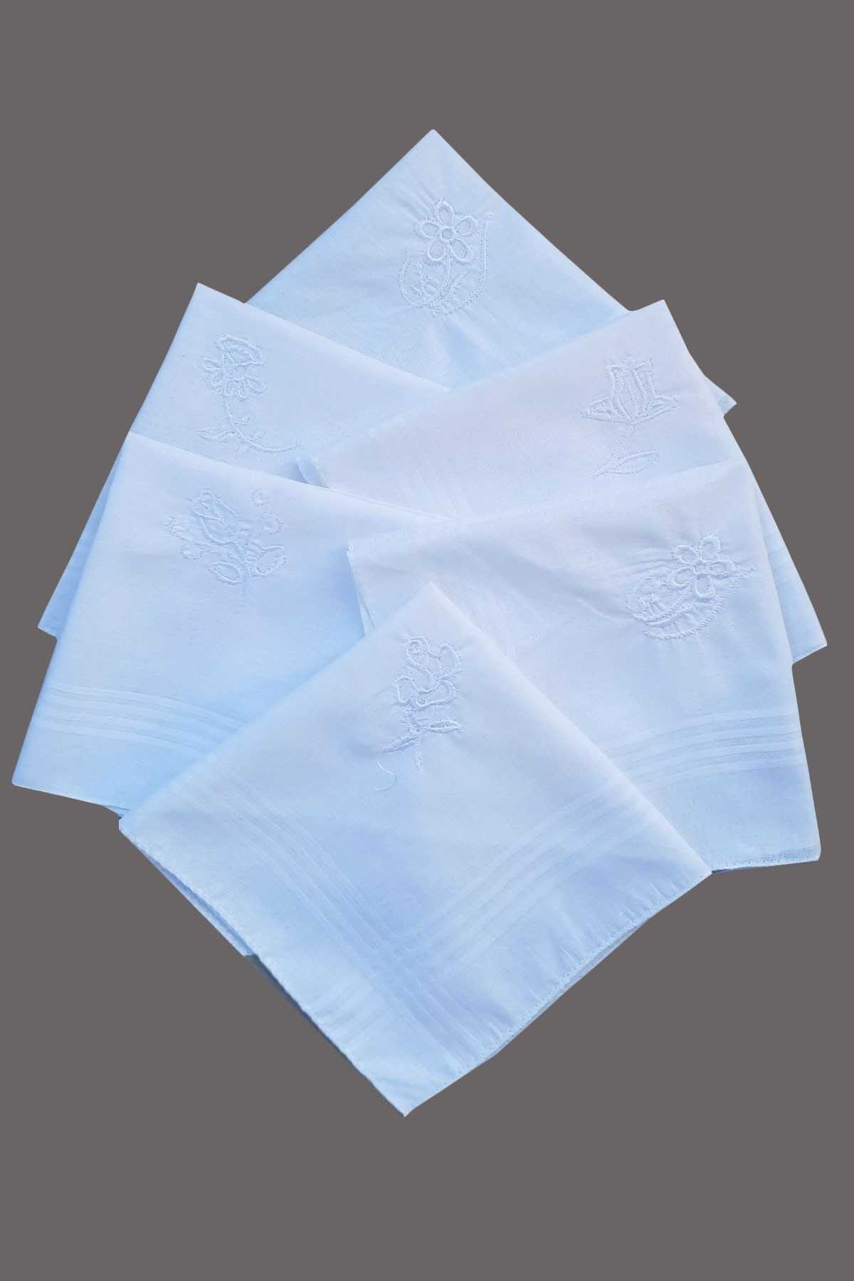 Genel Markalar Çiçek İşlemeli 6 lı Beyaz Mendili 28x28 cm 100 Pamuk