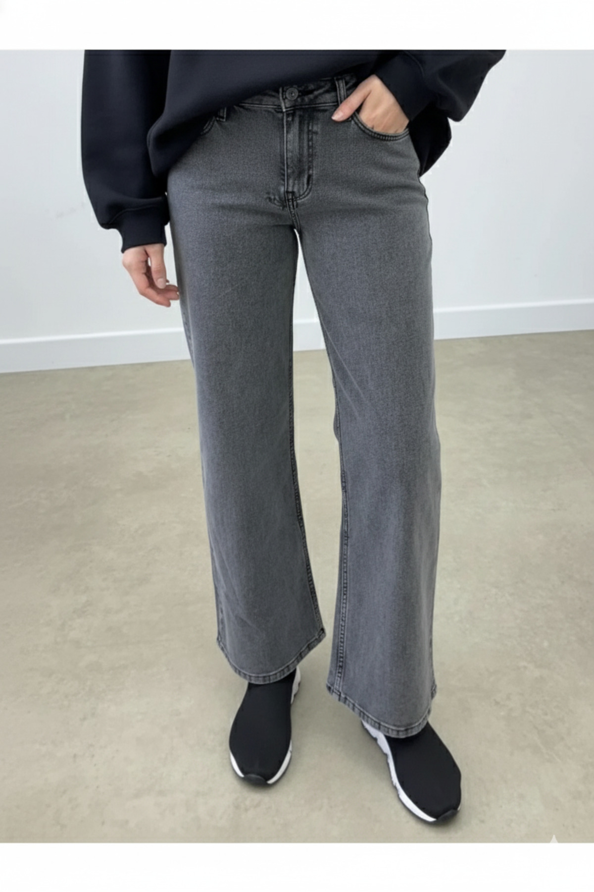 CHUL  KADIN ANTRASİT BOL PAÇA KOT PANTOLON - JEAN - GENİŞ BEDEN ARALIĞI - Görsel 3