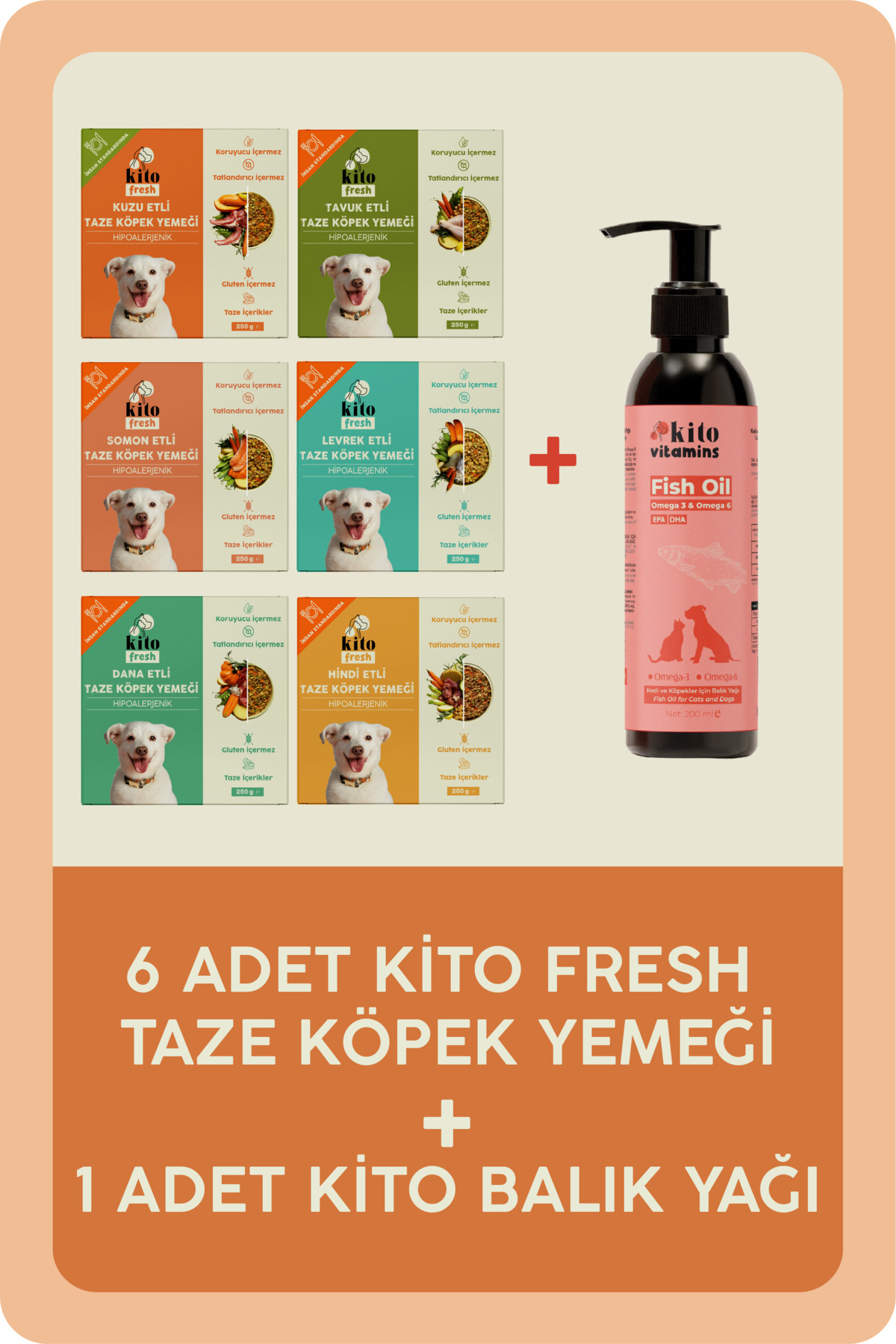 kito Fresh Taze Köpek Yemeği Tanışma Paketi Ve Premium Balık Yağı (200 ML)