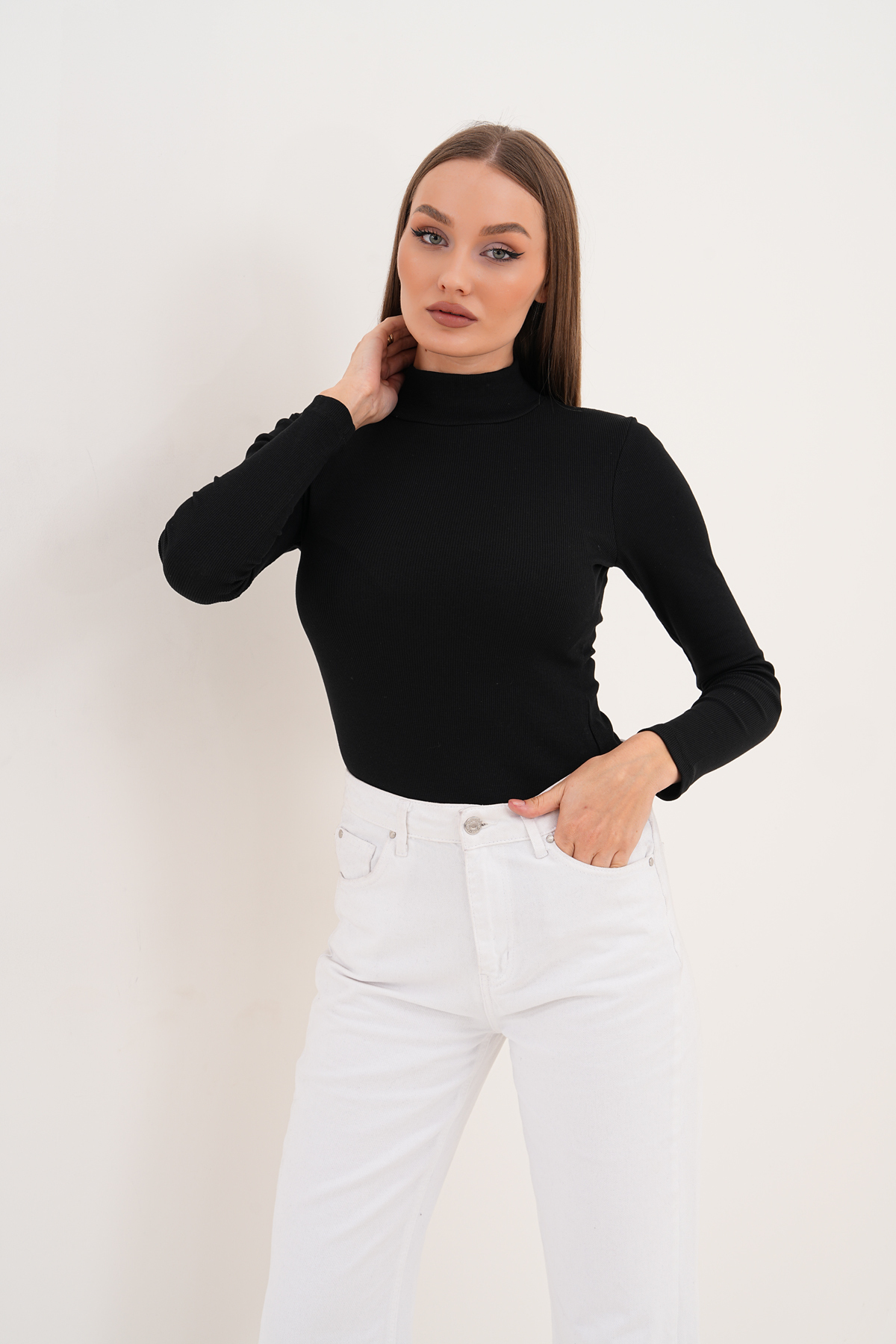 Basics&More Women's Half Turtleneck Long Sleeve Black Basic Bodysuit