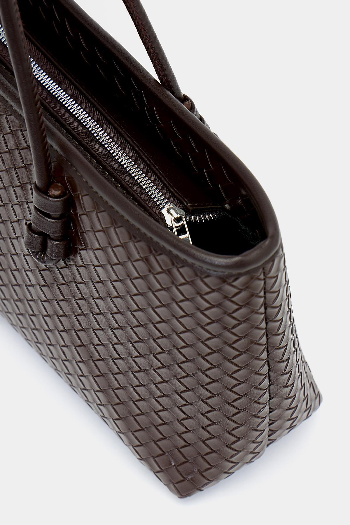 Madamra  Kahverengi Kadın Örgü Desenli PU Deri El ve Omuz Çantası – Zarif Geniş Form - Görsel 2