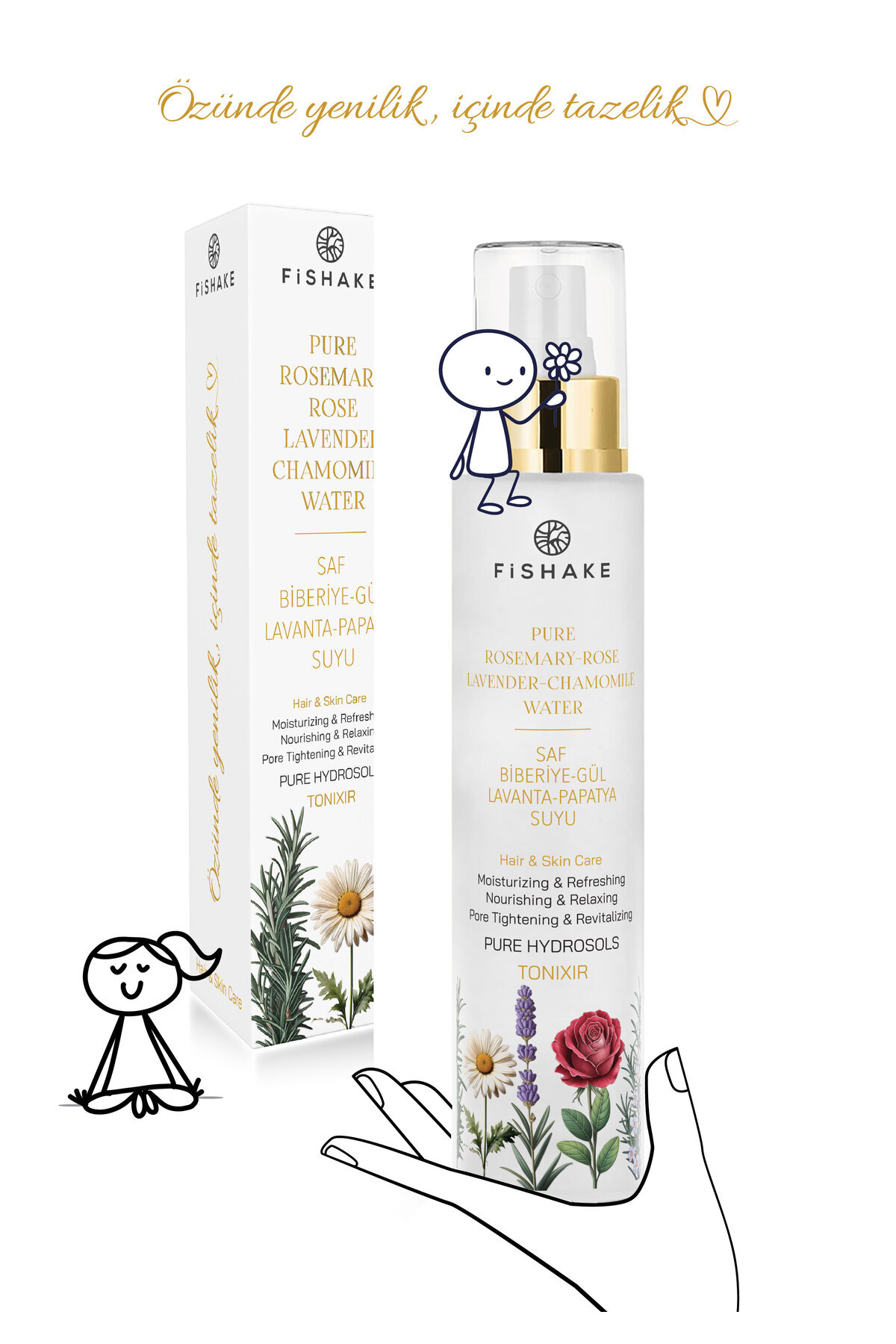 FiShake Tonixir Biberiye- Lavanta- Papatya Suyu- Gül Mayası %100 Saf ve Doğal Özel Formül Mix Hidrosol 100Ml