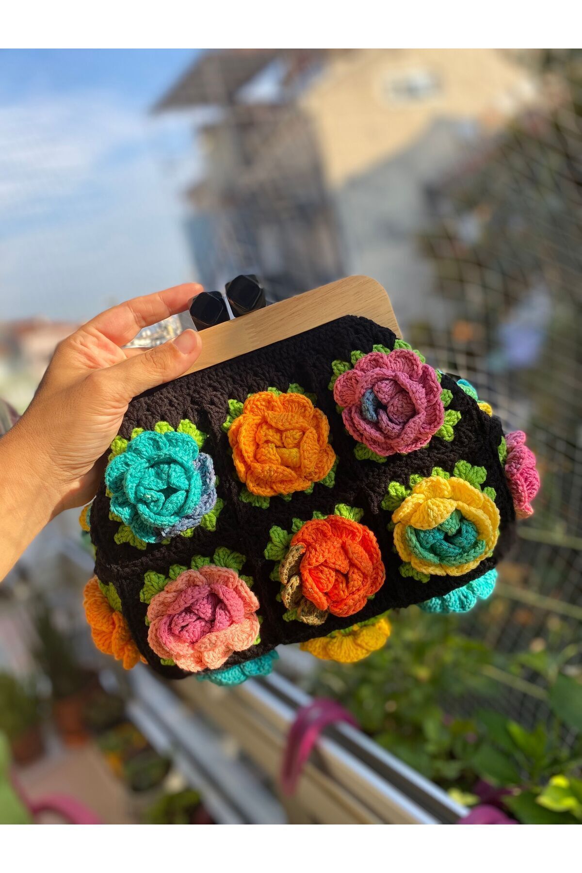 Satürn Hobi Örgü Ahşap Burslu Gül Motifli Clutch Çanta görsel 4