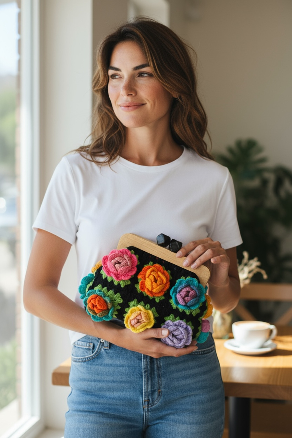 Satürn Hobi Örgü Ahşap Burslu Gül Motifli Clutch Çanta