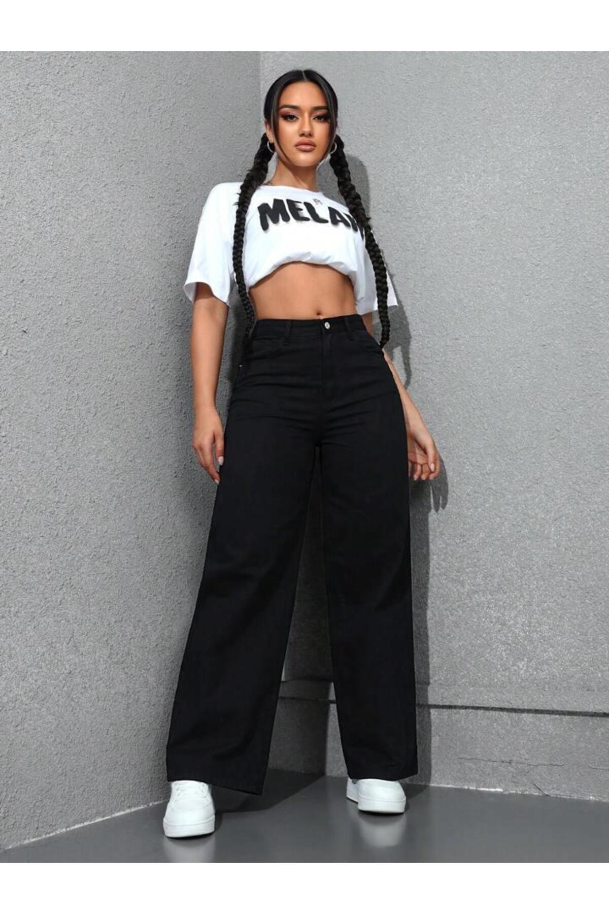 Linarose  Kadın Bol Kesim Boru Paça Likralı Palazzo Jean Pantolon - Görsel 6