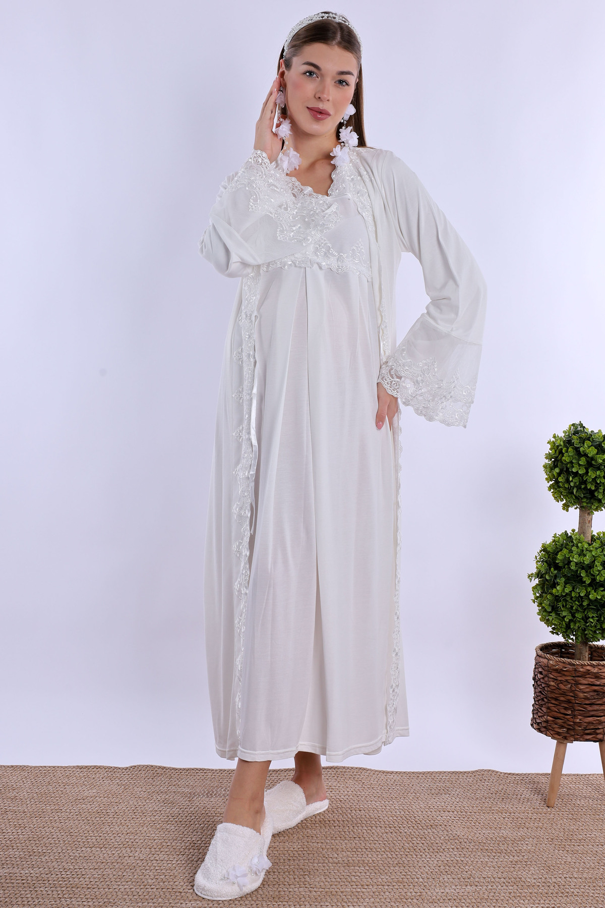 Genel Markalar Kadın Ekru Lohusa Gecelik Ve Sabahlık Takım fotoğrafı 7 (önizleme)