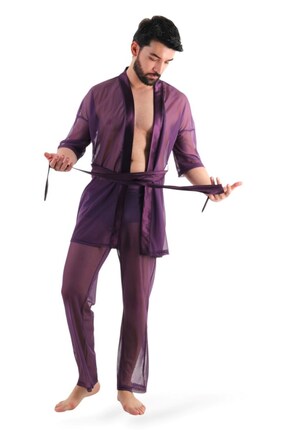 JEU JEU SHINE – Mor Tül ve Saten Transparan Fantezi Erkek Kimono ve Pantolon ...