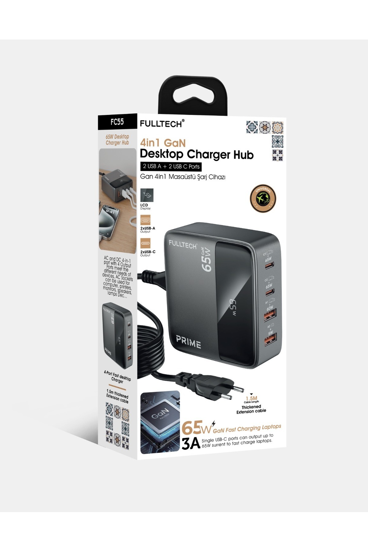 BUFS 65W 4in1 GaN Masaüstü Hızlı Şarj Cihazı | 2 USB + 2 Type-C PD QC 3.0 LCD Ekranlı