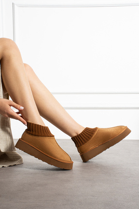 pasyone Taba Kadın Triko Boğazlı Kalın Taban Süet İçi Kürklü Şık Günlük Bot