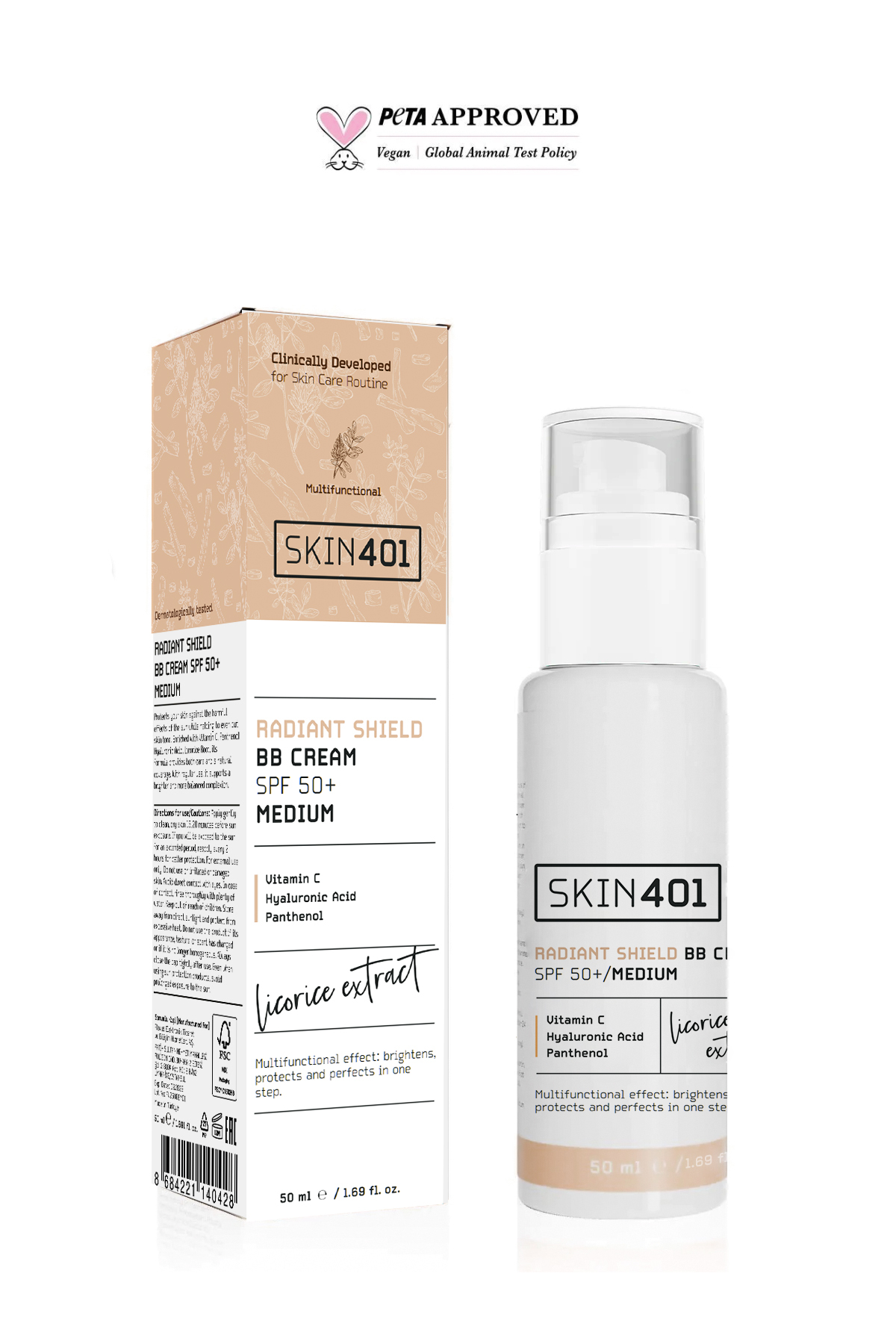 کرم بی بی روشن کننده SPF 50+، 50 میلی لیتر - رنگ متوسط، ضد آفتاب رنگی و یکنواخت کننده رنگ پوست — Skin401-600 — تصویر 5 از 7