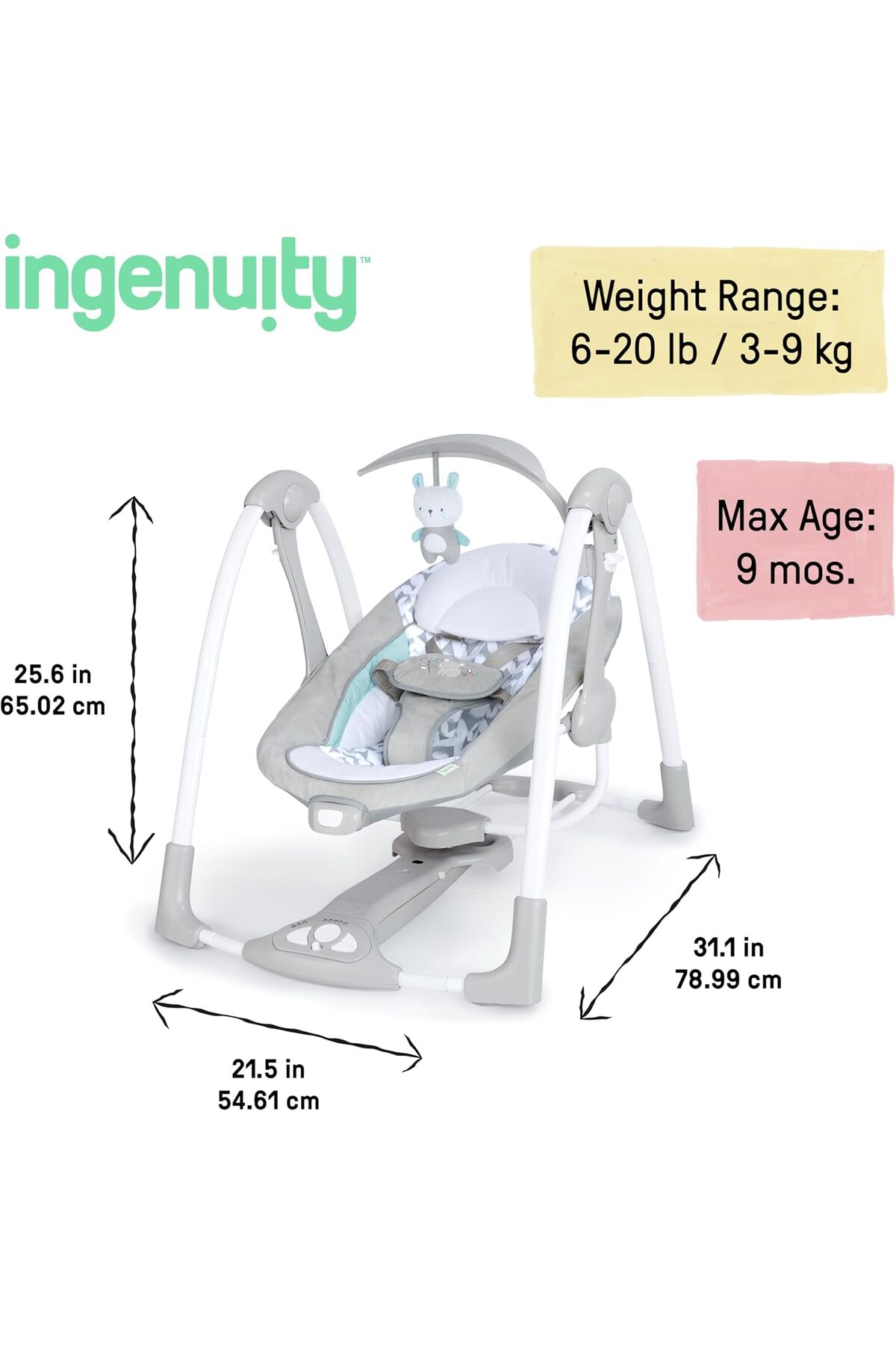 Ingenuity ConvertMe 2'si 1 Arada Kompakt Taşınabilir Bebek Salıncağı , 9 kg'a kadar. fotoğrafı 3 (önizleme)