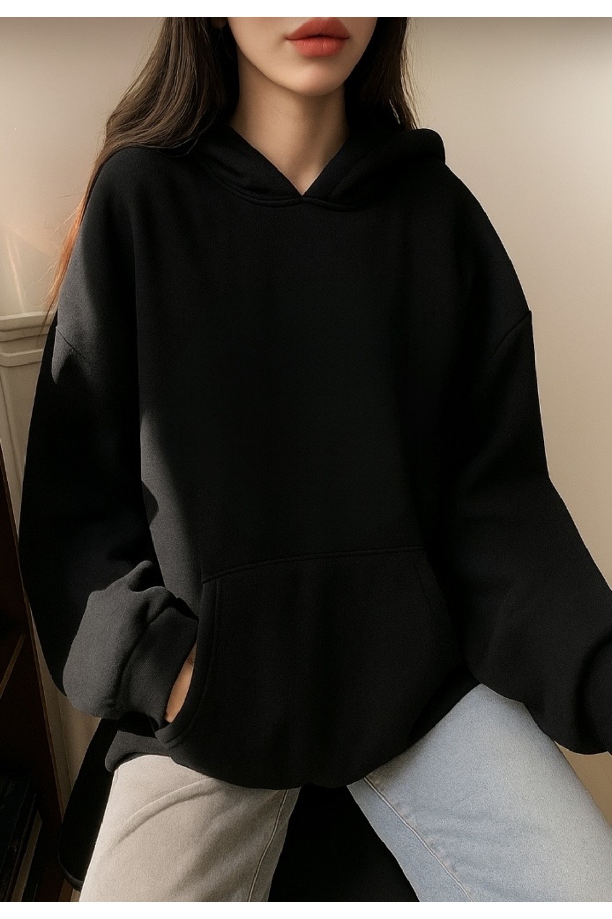 DEZZİİ Unisex Black Plain Hooded Oversize Sweatshirt