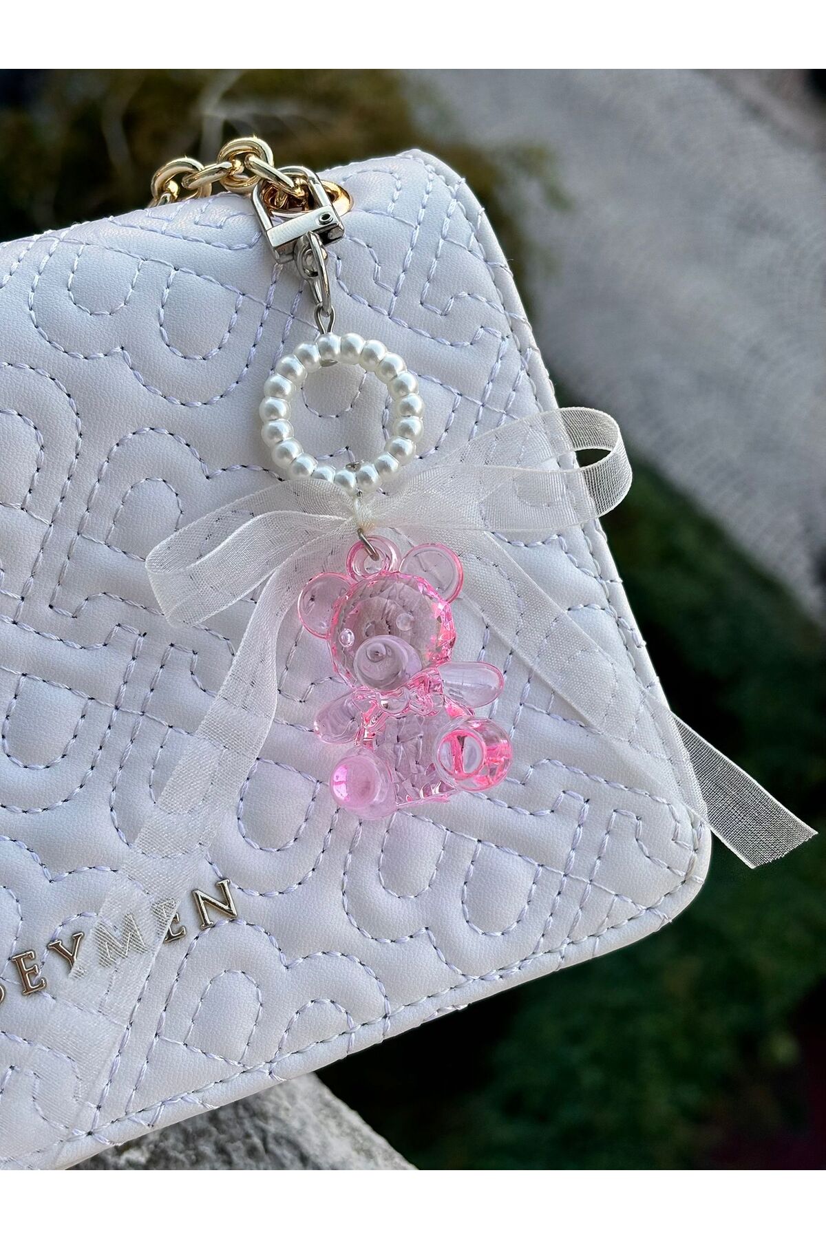 Pink Bear Bag Charm Pearl Detailed White Tulle Bow Keychain Key Ring Silver Clip