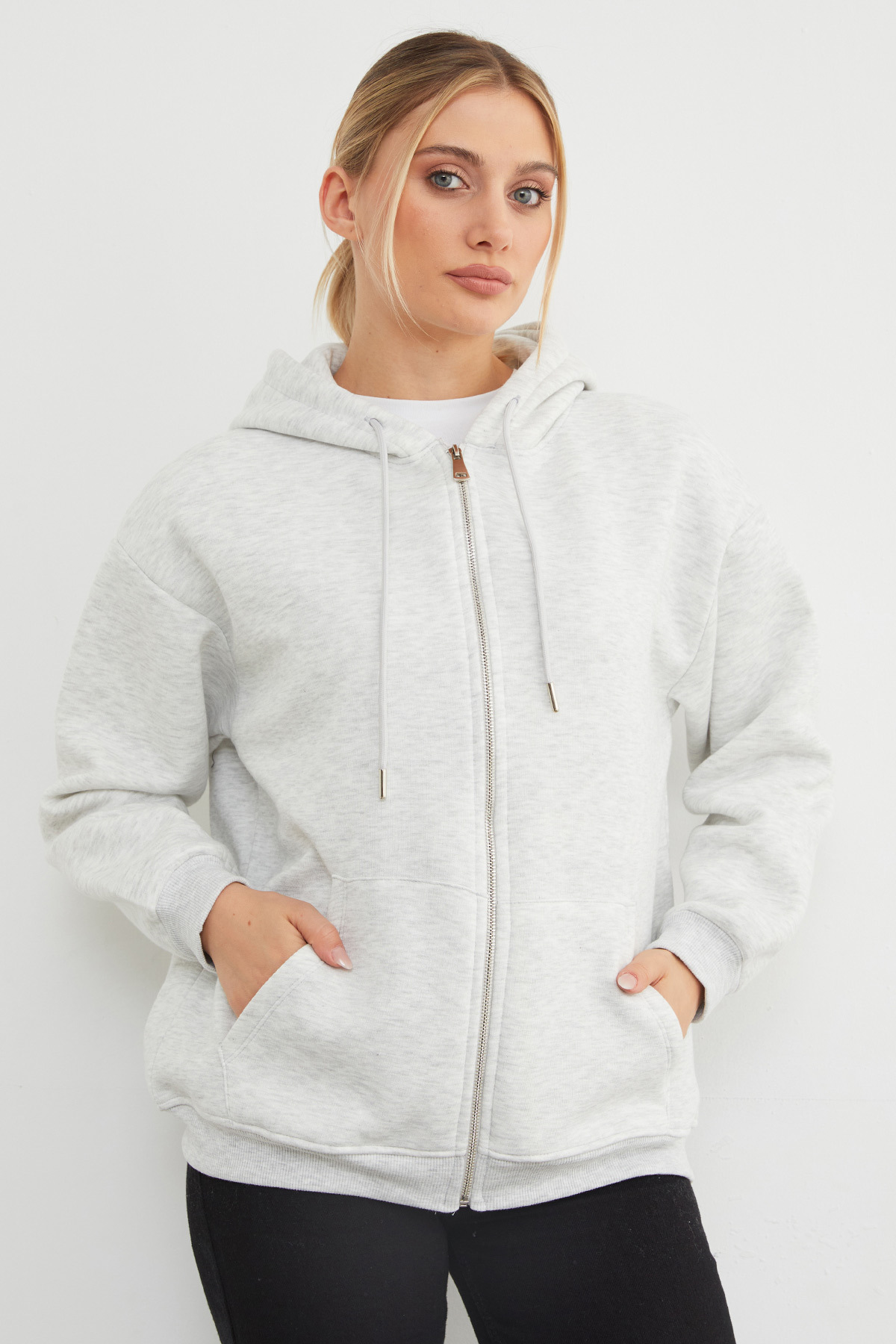 Fullamoda  Basic Fermuarlı Kapüşonlu Oversize Sweatshirt - Görsel 2